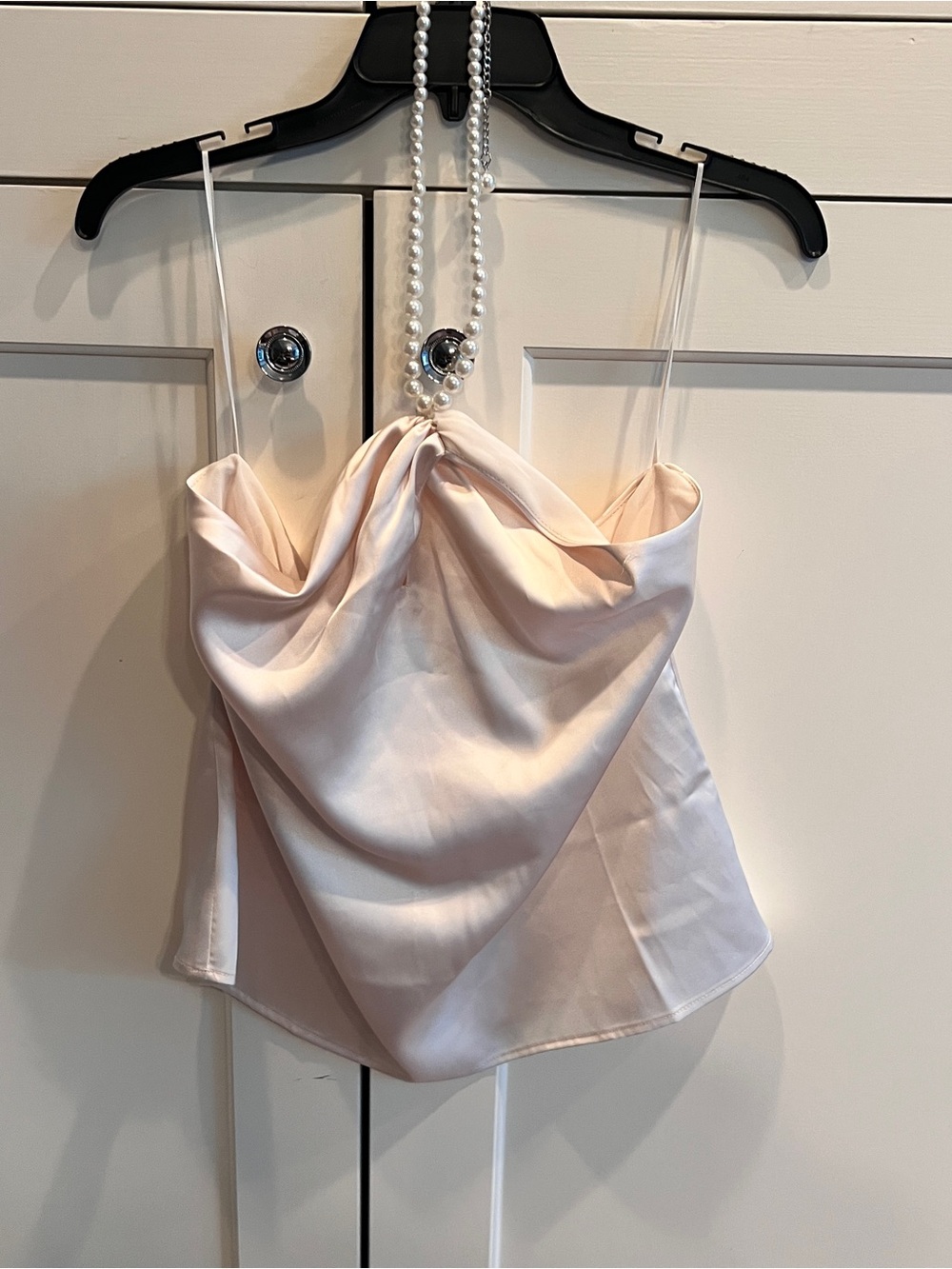 Vici Silky Pearl-Detail Cowl Neck Crop Top - Blush-medium